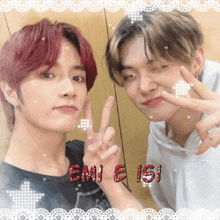 two young men are posing for a picture with the words emi e isi written in red