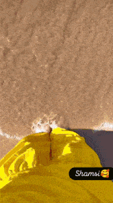 a woman in a yellow dress is standing on a beach with shamsi written on the bottom