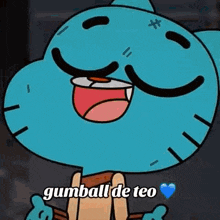gumball from the amazing world of gumball is smiling with his mouth open and a heart on his chest .