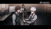 a cartoon of a man tying another man 's tie in a room