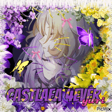 a picture of a girl surrounded by purple and yellow flowers with the name castlea4ever written on the bottom