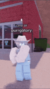 a person in a cowboy hat is standing in front of a red brick building with a sign that says level 18