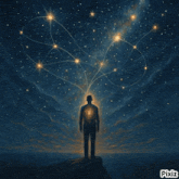 a painting of a man standing under a starry sky with pixiz written on the bottom right corner