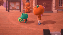 a cartoon character with a pumpkin on his head is standing next to a green squirrel