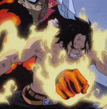 a cartoon character with a fist in the air is surrounded by flames