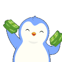 a cartoon penguin is holding two stacks of green money