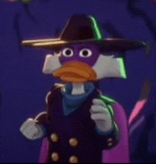 a duck wearing a hat and a cape is standing in the dark .