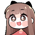 a cartoon girl with long brown hair and cat ears is smiling and looking at the camera .