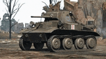 a tank is driving on a dirt road in a video game .