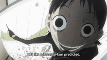 a cartoon character is smiling and says just like midouji-kun predicted