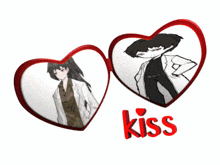 a couple of hearts with the word kiss in red letters