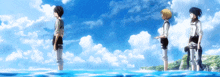 three anime characters are standing in the water with a blue sky behind them