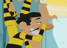a cartoon character with a yellow and black striped shirt on