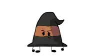 a cartoon character wearing a witch hat is standing next to a burning object