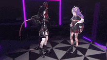 two anime characters are dancing together in a dark room