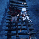 a man and a woman are standing next to each other on a wooden staircase with the name ange above them