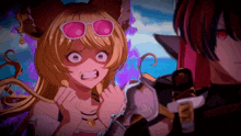 a girl wearing pink sunglasses is looking at a man with red eyes