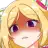 a close up of a blonde anime girl with purple eyes and a pink flower in her hair .