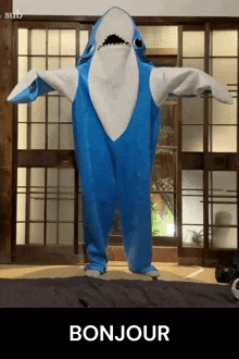 a blue and white shark costume says bonjour