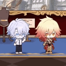 a couple of cartoon characters standing next to each other in a room .