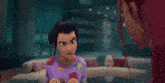 a girl with red hair is wearing a teddy bear sweater and is angry