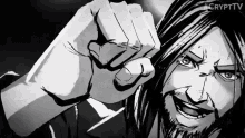 a black and white drawing of a man with long hair and a beard with crypttv written on the bottom right