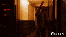 a man standing in a hallway with the words blockchain welcome in written on the bottom