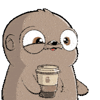 a cartoon sloth is holding a cup of coffee .