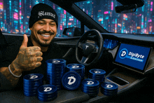 a man in a tesla car giving a thumbs up next to a stack of digitbyte tokens