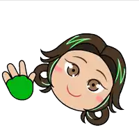 a cartoon drawing of a girl with green hair waving her hand