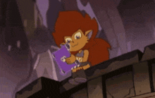 a cartoon character is sitting on a ledge holding a book with the number 8 on it