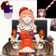 a cartoon girl holding a chicken leg with yum on it