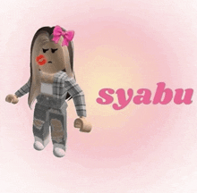 a girl in a plaid shirt and ripped jeans with a pink bow on her head and a kiss on her lips .