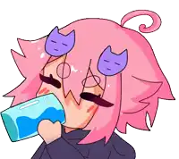 a cartoon character with pink hair and purple cats on her face drinking a glass of water