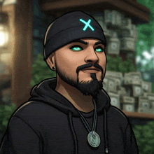 a man with a beard wearing a beanie with a cross on it