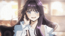 a girl with purple hair is wearing a white shirt and smiling