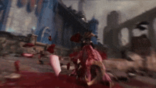 a video game character is fighting a monster in a bloody battle .