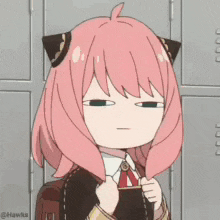 a cartoon girl with pink hair and black ears is standing in front of a locker .