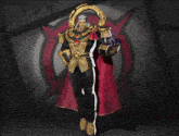 a statue of a man with a red cape is standing on a purple surface