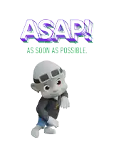 a cartoon character is standing in front of a sign that says asap