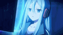 a girl with long blue hair is wearing headphones and looking at a screen