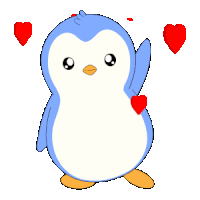 a blue and white penguin with two red hearts on its head