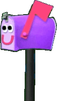 a purple mailbox with a red arrow and a smile on it