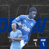 a soccer player wearing a blue shirt that says stake.com