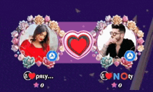 a picture of a man and a woman surrounded by flowers with the words " pay " and " noty " below them
