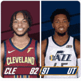 two basketball players from cleveland and utah are shown