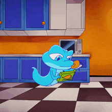 a cartoon drawing of a blue lizard reading a book in a kitchen