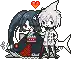 a pixel art illustration of a boy and a girl hugging each other .