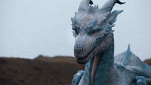 a close up of a dragon 's face with a mountain in the background