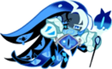 a blue and black cartoon character with a sword and a cat on a white background .